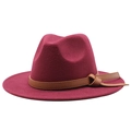 Close-up of wine red fedora wool hat featuring a brown faux leather band with a knot - Burgundy