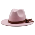 Detail of light pink wool felt fedora featuring a vintage brown faux leather buckled band - Pink