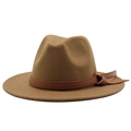 Detail of caramel wool felt fedora featuring a decorative brown leather hatband with knot - Light Coffee