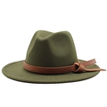 Classic olive green wool fedora hat for men and women with brown leather band - Army Green