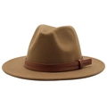Detail of tan wool fedora hat featuring a brown leather band with decorative stitching - M (56-58cm) / Light Coffee