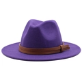 Detail of purple wool felt fedora hat featuring brown leather belts and a metal buckle - Purple