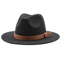Classic black wool fedora hat with brown leather band for women in winter - Black