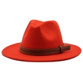 Classic red wide brim wool fedora hat with brown leather band decoration for women - M (56-58cm) / Orange Red