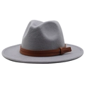 Detail of light grey wool fedora hat featuring a brown leather band and metal buckle strap - M (56-58cm) / Light Gray