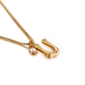 Golden stainless steel box chain necklace with U-shaped pendant and clear zircon crystal - Letter U (KN91802-KFC)