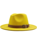 Classic yellow wool felt fedora hat featuring a brown leather band and silver buckle - M (56-58cm) / Yellow