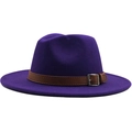 Deep purple wool felt fedora hat with a brown faux leather band and silver metal buckle - M (56-58cm) / Purple