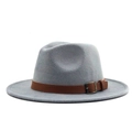 Close-up of light gray wool fedora hat with brown leather band and metal buckle - M (56-58cm) / Gray