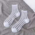 Cute Japanese style white sheer mesh crew socks with vertical stripes and cotton sole - One Size / Striped White
