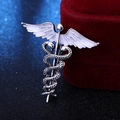 Macro di spilla Caduceo in argento con smalto bianco su scatola di velluto rosso - Argento Antico
