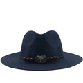 Dark blue woven straw cowboy fedora hat with silver bull skull and beaded band ornament - M(56-58cm) / Navy Blue