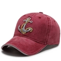 Casquette baseball en jean bordeaux délavé avec broderie ancre marine en relief - Réglable / Rouge