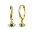 Polished gold hoop earrings with evil eye blue stone and white zircon accents - Earrings Style / Gold