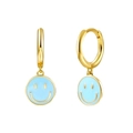 S925 Silber Nadel Gold Ohrringe mit hellblauen Emaille-Smiley-Anhängern im Set - Blau