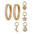 Detail of gold-plated earring set featuring star, moon, and heart charms with zircon stones - White Zircon Gold
