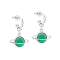 S925 silver needle planet drop earrings with green glitter sphere in silver frame - Silver