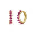 Close-up of gold hoop earrings with round pink zircons and polished finish details - Gold / Pink Zirconia