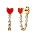 Elegant gold heart earrings with red enamel and dangling sparkling crystal tassels - Red Heart Tassel / Red