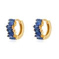 Close-up of C-shaped gold hoop earrings featuring rectangular deep blue zircon stones - Blue (Gold Plated)