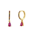 Macro detail of gold S925 silver earrings with colorful pavé stones and ruby pear pendant - Rose Gold Red