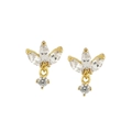Close-up of gold-plated clover earrings with clear zircon stones on a white background - Platinum