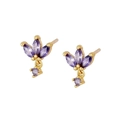Detailed macro view of gold butterfly earrings set with sparkling purple zircon stones - Purple Gold