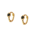 Detailed shot of gold hoop earrings with black gemstone and beaded edge textures - Black Gold