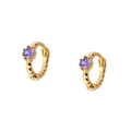 Detailed close-up of gold beaded hoop earrings featuring a small purple gemstone insert - Purple Gold
