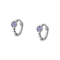Detailed view of silver hoop earrings featuring purple faceted stones in a prong setting - Silver with Purple Gemstone (Beaded)