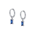 Detail view of 925 silver hoop earrings with rectangular blue zircon drop stones - Blue Silver