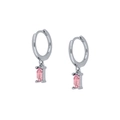 Close-up of S925 silver hoop earrings featuring hanging rectangular pink zirconia stones - Pink Silver