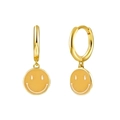 Detailed view of 18K gold smile drop earrings with yellow enamel charms on white background - Smile Face Pendant / Bright Yellow/Gold