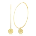 Elegant gold hoop earrings with textured round relief charms on a clean white background - Gold