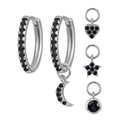 Detail of S925 silver earring set with black stones and moon star heart charms - Black Zircon Silver