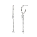 Detail of silver tassel chain earrings with rectangular zircon stones and elegant long drop - Silver Clear Rhinestone