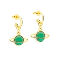Golden hook earrings featuring green Saturn planet pendant with elegant orb design - Gold