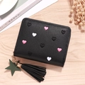 Short black PU leather wallet for women with colorful heart embroidery and tassel charm - Black (Heart Embroidery)
