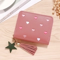 Short lotus pink PU leather wallet for women with heart embroidery and fringe tassel - Deep Pink (Heart Embroidery)