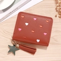 Brown PU leather compact wallet with colorful heart embroidery and star charm tassel - Brown (Heart Embroidery)