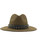 Sombrero fedora de paja color caqui con perlas y pedrería en ala ancha sol - M(56-58cm) / Caqui