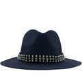 Navy blue straw fedora hat with wide brim featuring pearl and rhinestone ribbon decoration - M(56-58cm) / Navy Blue
