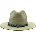 Cappello di paglia classico da spiaggia con fascia etnica e perle turchesi - M (56-58cm) / Bianco
