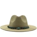 Women's white straw fedora beach hat with bohemian turquoise beaded band decor - M (56-58cm) / Beige