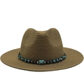 Cappello di paglia marrone stile Panama con fascia di perline turchesi e tesa larga da sole - M (56-58cm) / Cachi