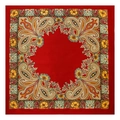Detailed close-up of red satin scarf featuring intricate yellow paisley floral patterns - Red