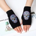 Black fingerless knit gloves with colorful skull embroidery for a trendy gothic look - One Size / Purple Embroidery