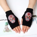 Guantes de punto sin dedos con bordado de calavera de colores en hilo negro suave - Talla única / Bordado Rosa