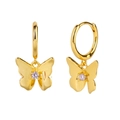 Elegante goldene Schmetterlingsohrringe mit lila Zirkonia-Kristallen auf weißem Grund - Gold