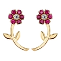 Elegant gold flower earrings with red crystal petals and clear center on white background - Red